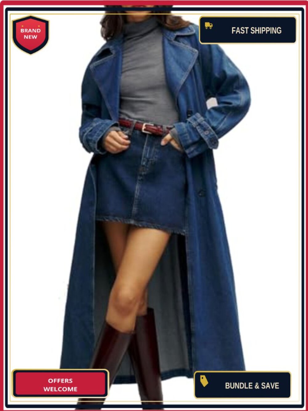 Women's Denim Trench Coat Double Breasted Midi Long Jacket with Belt Spring Fall